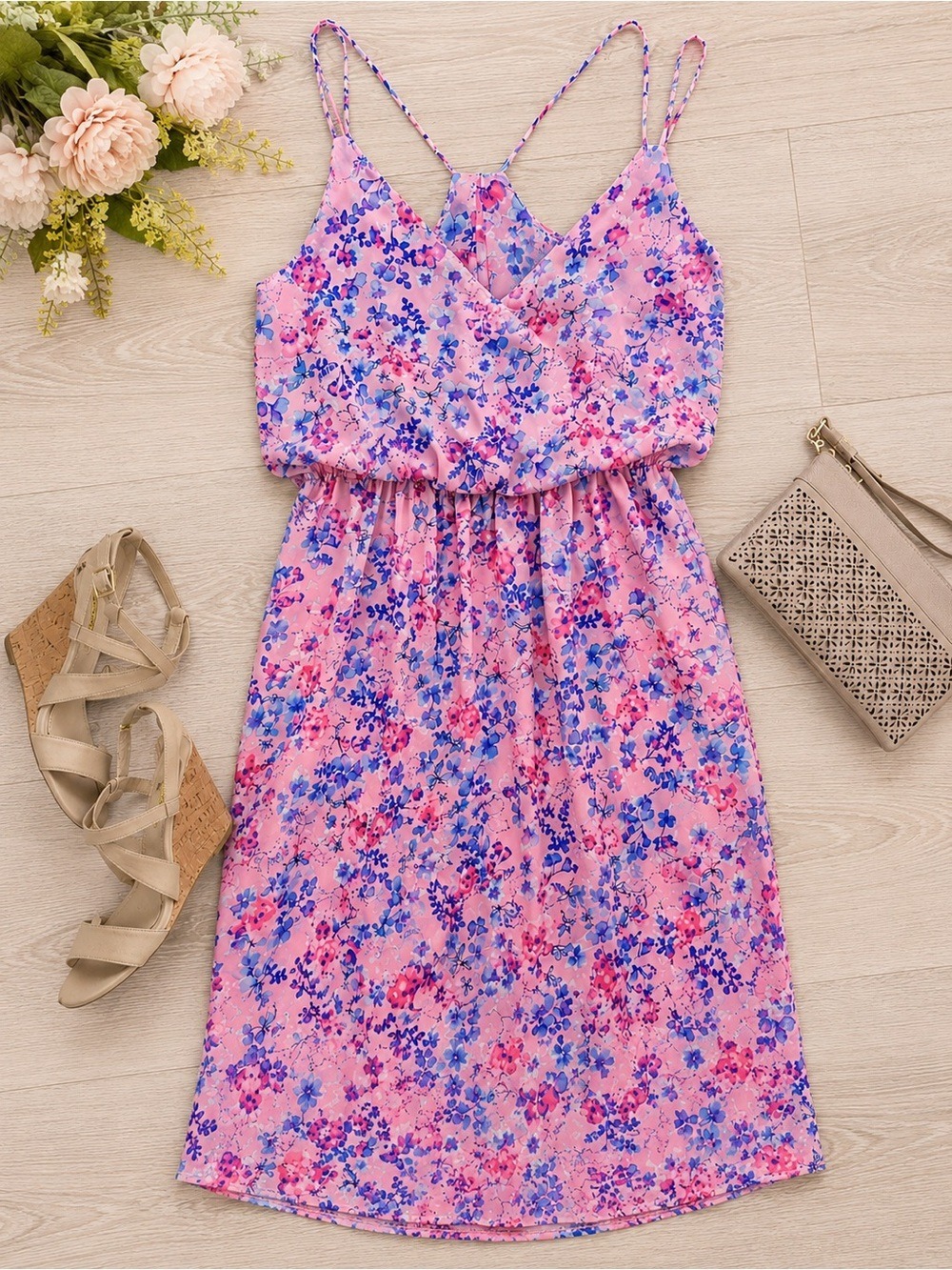 My Story Pink Floral Midi Dress with Blue Floral Print